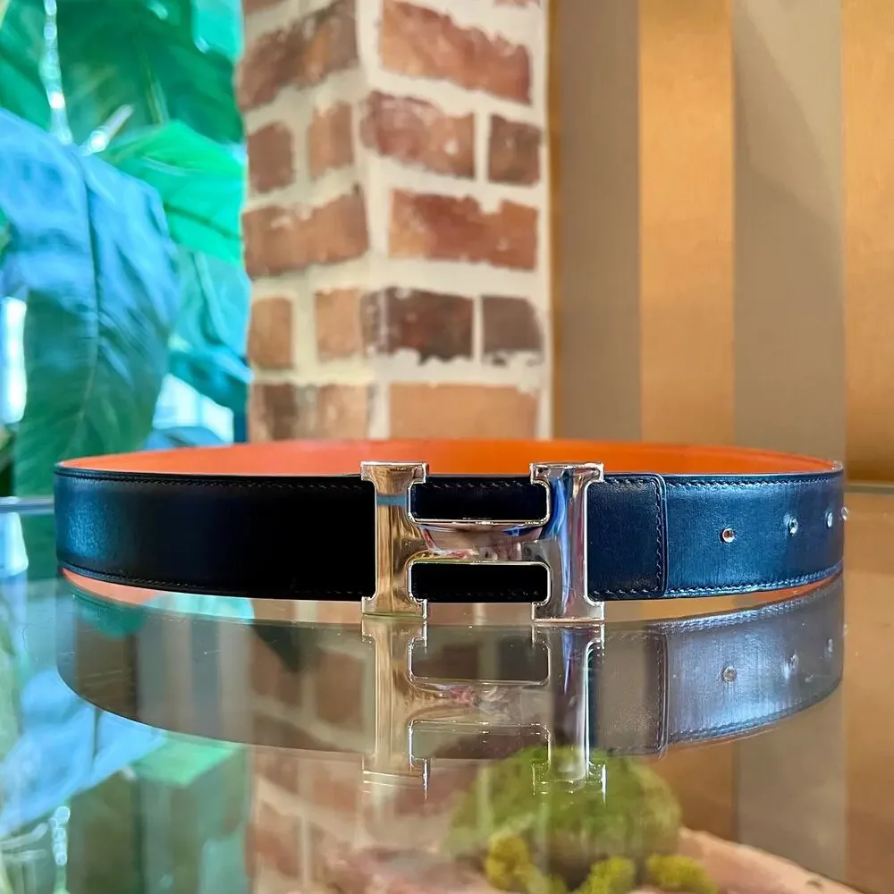 HERMES Black Box Calfskin & Orange Togo Calfskin Reversible Belt Kit Sz 100 - Picture 2 of 8